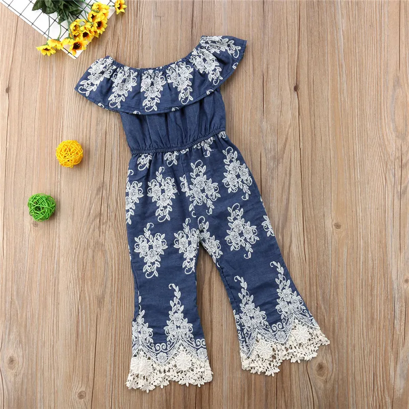 

Kids Baby Girls clothes Lace off shoulder Flower print cotton casual Jumpsuit Ruffle sleeveless Toddler Romper one pieces