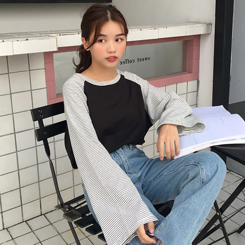 

T-shirts autumn womens Clothing Ulzzang Long Sleeve Tshirt graphic tees Women Striped patchwork Harajuku Korean casual Loose top