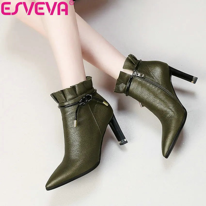 

ESVEVA 2019 Women Cow Leather Square High Heels Ankle Boots Pointed Toe Winter Boots Zip Short Plush Boots for Women Size 34-43