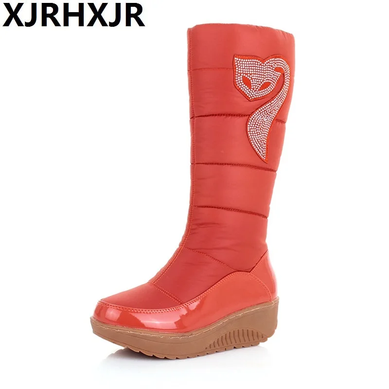 

XJRHXJR Hot 2018 Winter Russia Keep Warm Snow Boots Women Cotton Shoes Fashion Platform Down Fur Boots Half Knee High Boots