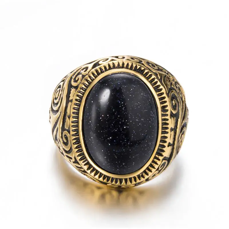 Мужское женское натуральное овальное бирюзовое кольцо из нержавеющей стали с черным ониксом ювелирных изделий размера плюс 8-15 - Цвет основного камня: Gold Blue sand