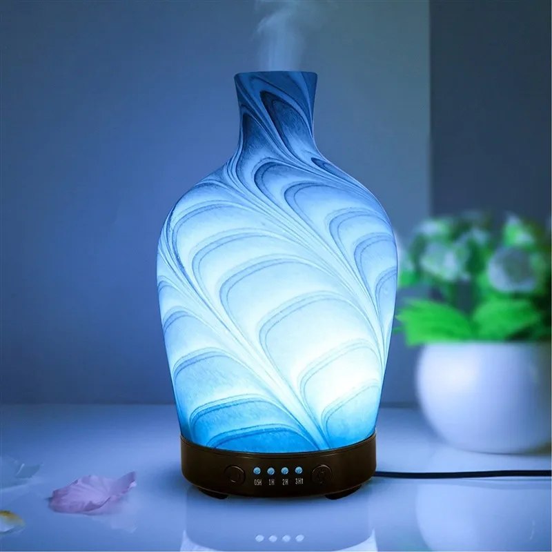 Essential Oil Diffuser Glass Water Wave Pattern 7 LED Lights Aroma Diffuser Cool Mist Humidifier for Office Bedroom Gift