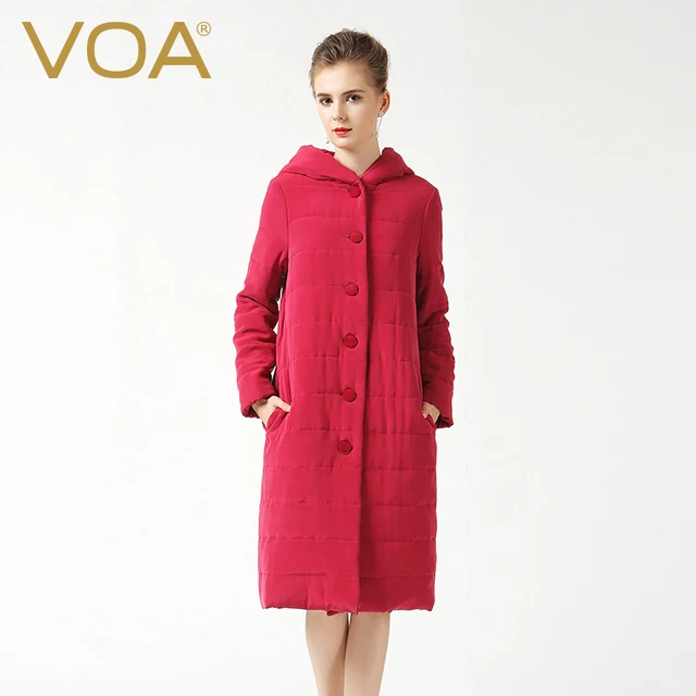 Cheap VOA red heavy silk spliced straight parkas female long thick simple single breasted with hood coats M6301