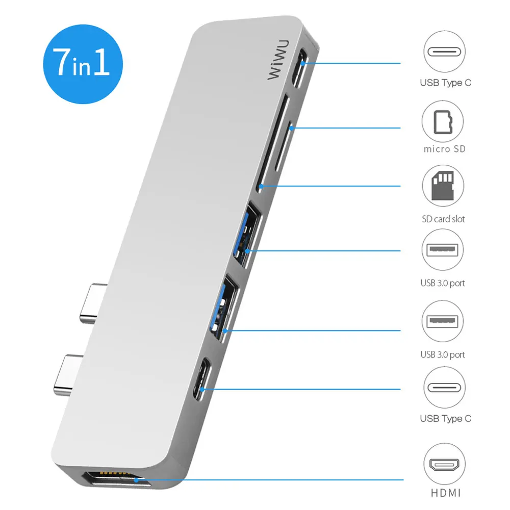 WIWU usb-хаб 7 в 1 type-C Hub 3,0 Dual type-C для Macbook Pro USB-C адаптер с HDMI 4K видео PD карта чтения SD/TF 3,0 USB порт