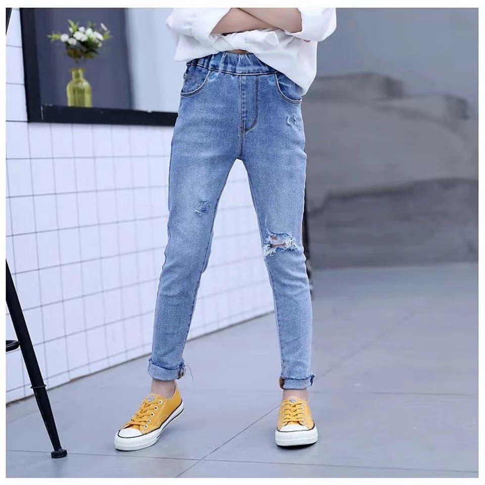 Fashion Autumn Casual Girls Soft Jeans Cotton Children Skinny Denim Pants Kids Girls Clothes Warm Elastic Waist Trousers