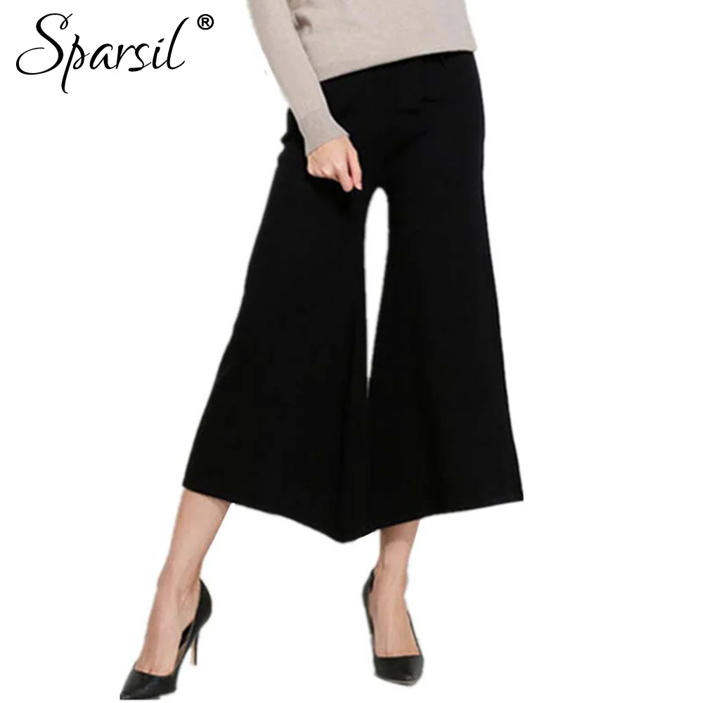 Sparsil Осенняя женская обувь кашемира трикотажные лодыжки-Длина Regular Pant весенние элегантные леди тонкий Стиль расклешенные брюки универсальн...