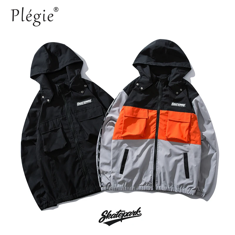 Harajuku Detachable hap Jacket Men HipHop Streetwear Hooded Jacket Windbreaker Spring 2019 Color Block Track Jacket Coat Hoodies