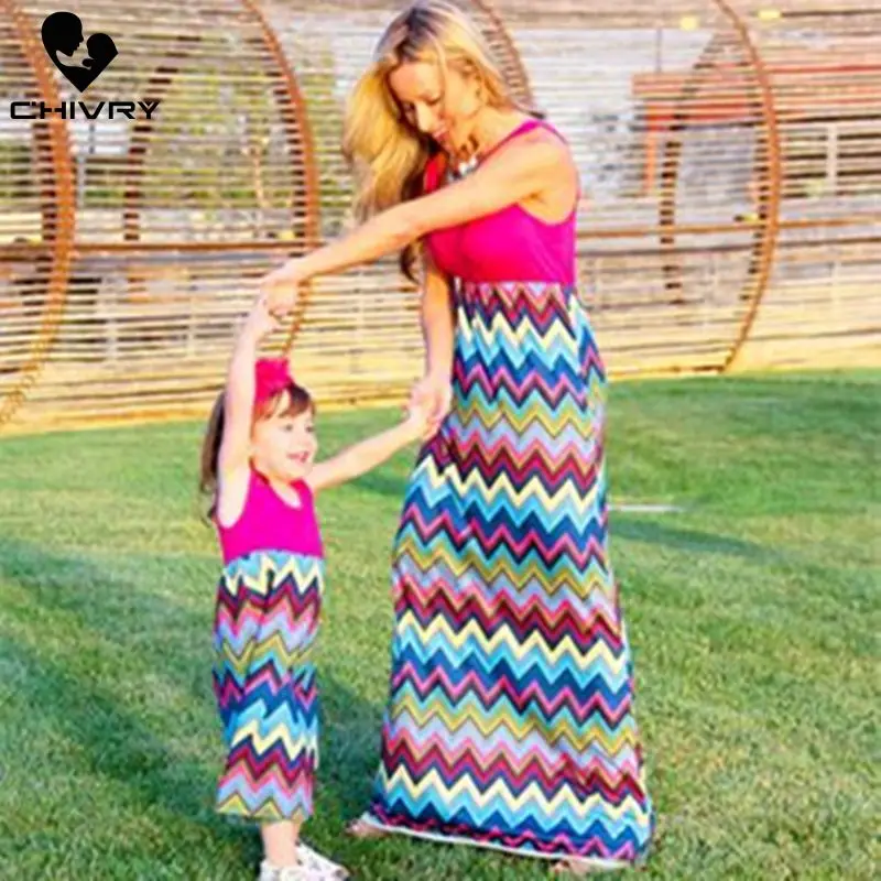 

Chivry New Mother Daughter Dresses Sleeveless Patchwork Waves Long Dress Mom and Daughter Sundress Family Matching Clothes