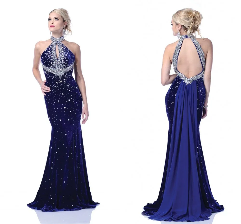 Elegant Halter Backless Beading Chapel Train Royal Blue Sparkle Velvet Mermaid Evening Dress | Свадьбы и торжества