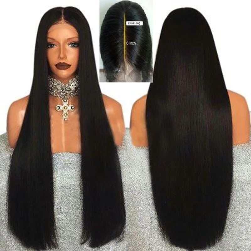 

Marquesha 6 Inch Hand Tied Black Straight Synthetic Lace Front Wig Heat Resistant Long Middle Part Hair Wigs With Baby Hair