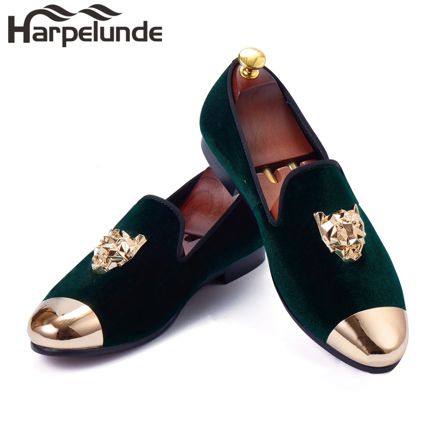 

Harpelunde Men Loafer Shoes Animal Buckle Green Velvet Slippers Handmade Flats With Gold Cap Toe Size 6-14