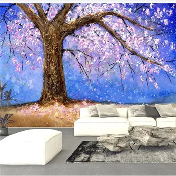 

Custom wallpaper pink oil painting cherry tree fashion flower TV background wall - mural waterproof material