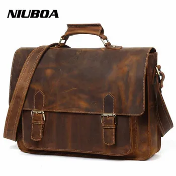 

NIUBOA 100% Messenger Bags Male Genuine Leather Bag Briefcase Men's Shoulder Top Leather Laptop Crossbody Bags Big Handbags Tote