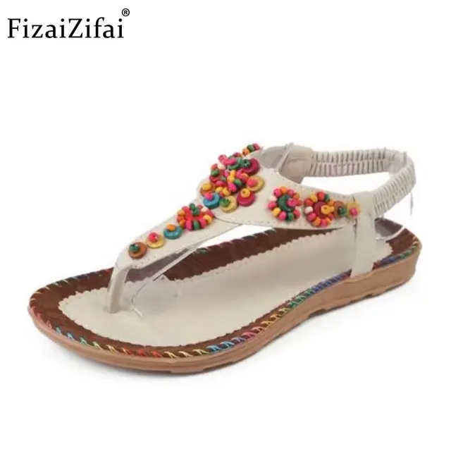 Fizaizifai Bohemia Women Summer Flats Sandals Beading Bowknot Flip Flops Flats Sandals Summer Vacation Women Shoes Size 36-42