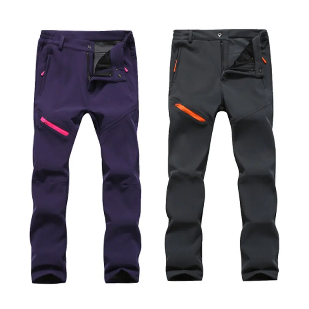 

Thick Soft Warm Men Women Pants Solid Color Zipper Closure Waterproof Windproof Elastic Trousers Outdoor Climbing Long Pants