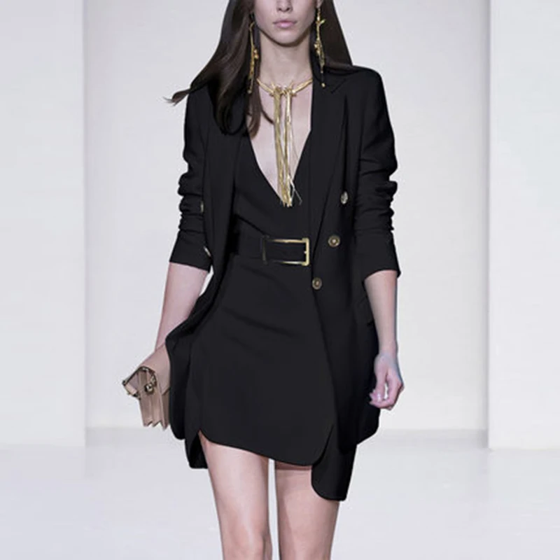 

High Quality Elegant Trend Runway Dress Suits Slim Tank Dress Solid Color Blazer Business Lady Formal Two Piece Sets with Belt
