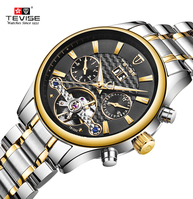 

2019 TEVISE Stainless Steel Business Men Wristwatch Luxury Automatic Mechanical Watch Water-Proof Calendar/Week/Month for Men