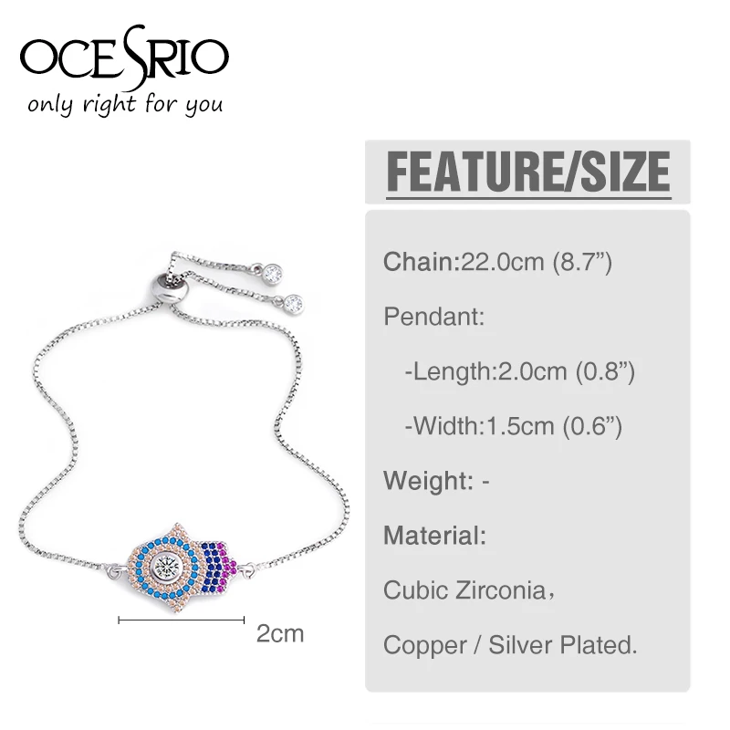 OCESRIO, кубический цирконий, счастливая рука Фатимы Хамса от дурного глаза, браслет, регулируемый, очаровательный браслет для женщин, модное ювелирное изделие, brt-a08