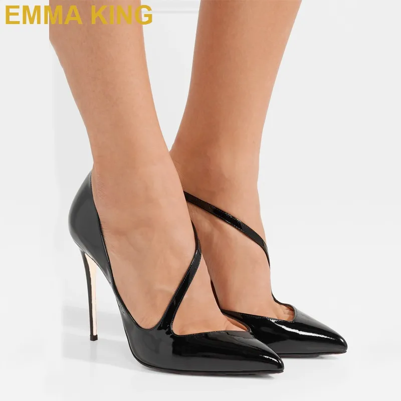Модные женские черные туфли-лодочки из лакированной кожи на высоком каблуке; летние туфли-лодочки с v-образным вырезом и одним ремешком; пикантная женская обувь на шпильке