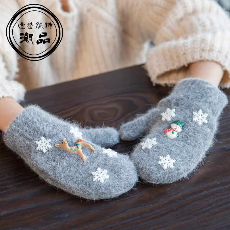 

Autumn Winter Cute Deer Snowman Girls Gloves Cartoon Rabbit Fur Wool Mitten Gloves Sweet Elegant Kids Gloves Christmas Gifts