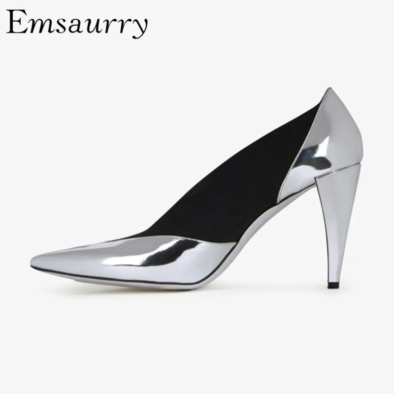 

New 2019 Silver Patchwork Catwalk Shoes Woman Individual Spike High Heels Pointed Toe V-cut Out Stage Pumps For Women