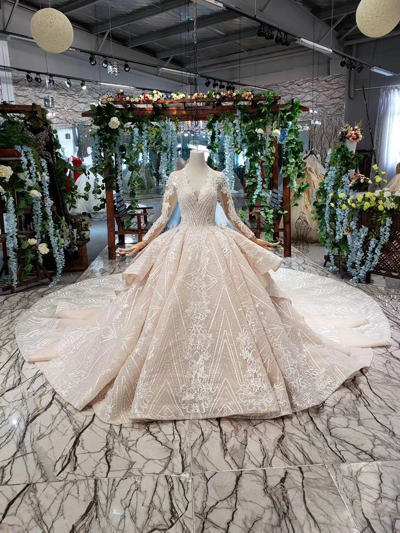 HTL433 long sleeves lace wedding dresses with train v-neck open back puffy ruffle wedding gowns heavy handwork robe de mariee (1)