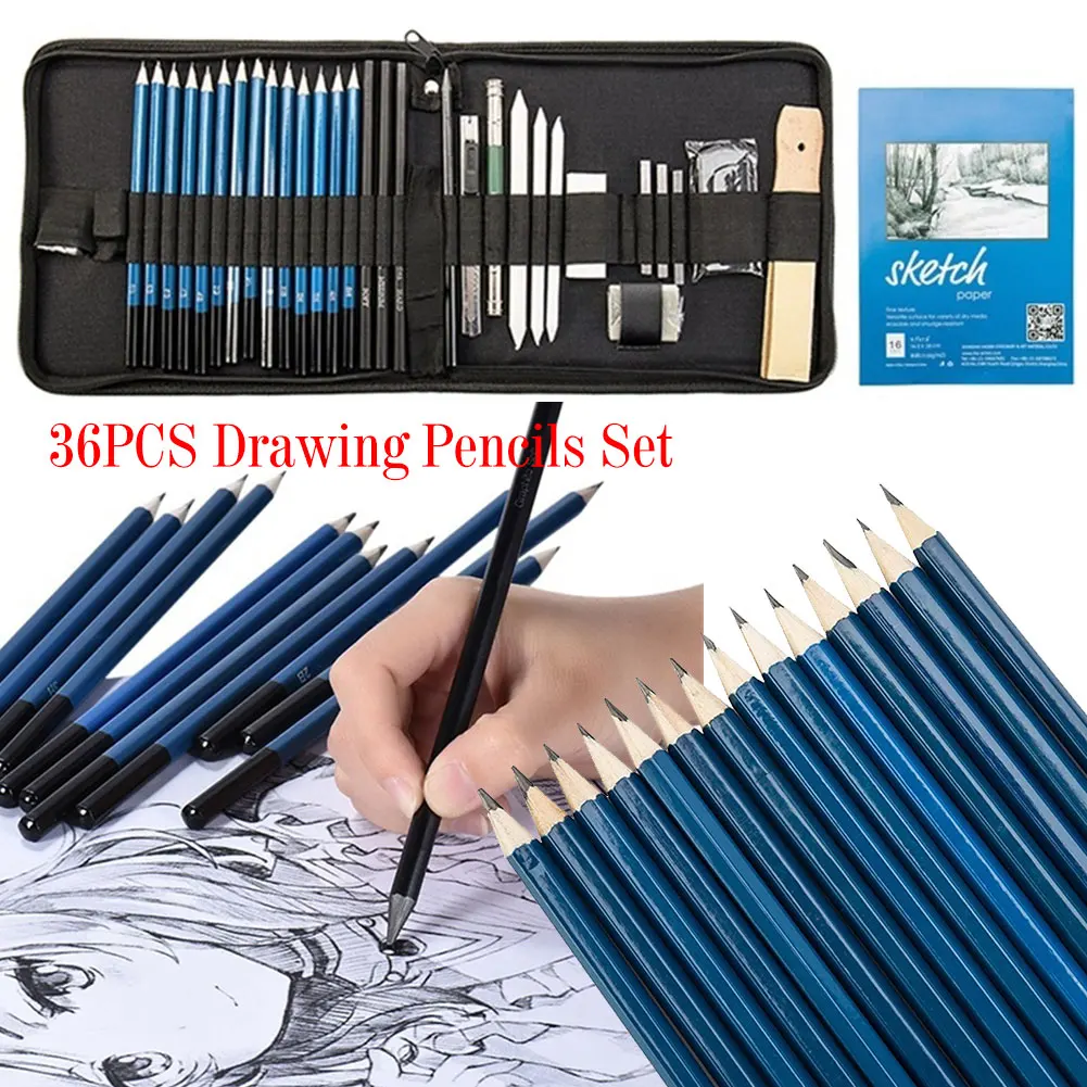 36 шт. набор карандашей для рисования для студентов, художников, эскизов, карандашные карандаши, инструмент для рисования, школьные принадлежности для рисования с эскизом, бумага на молнии