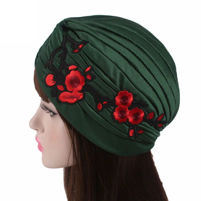

2019 New Women Stretchy Hat Turban Head Wrap Band Chemo Bandana Pleated Indian Flower embroidery Cap free shipping 3.8