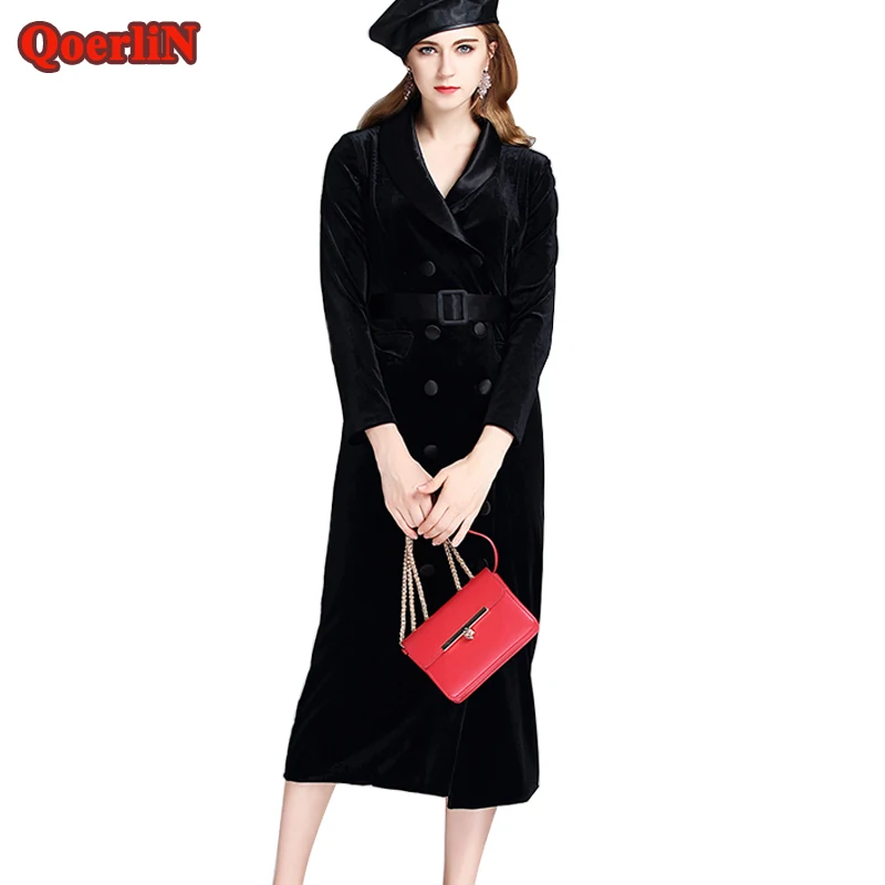 QoerliN Plus Size S XL Coat Dress Women Winter Velvet Long Trench Black
