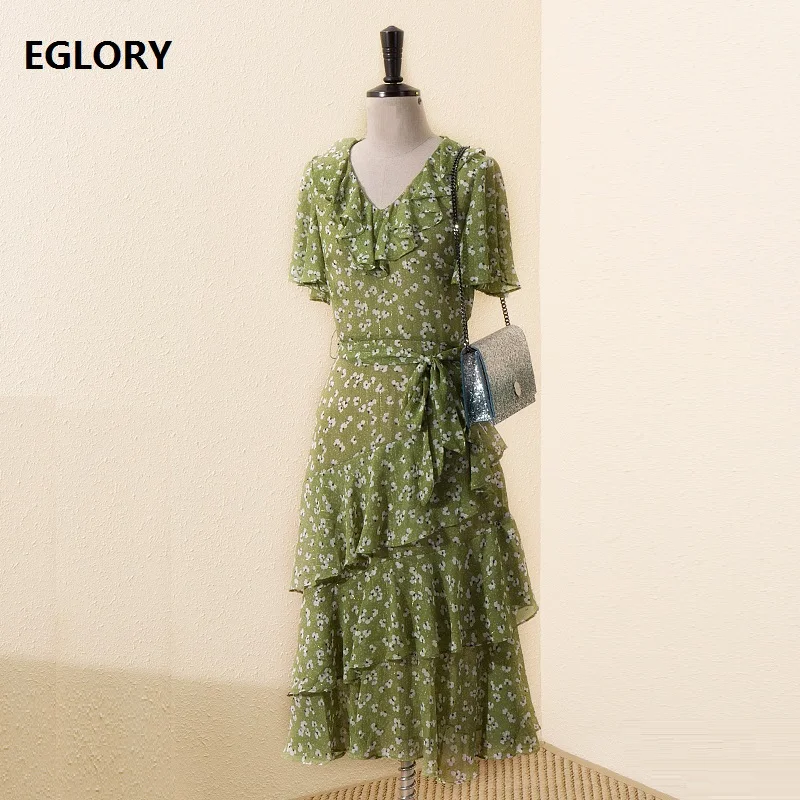 

New Korean Fashion Dress 2019 Summer Style Women V-Neck Polka Dot Print Cascading Ruffle Short Sleeve Casual Green Dress Ladies