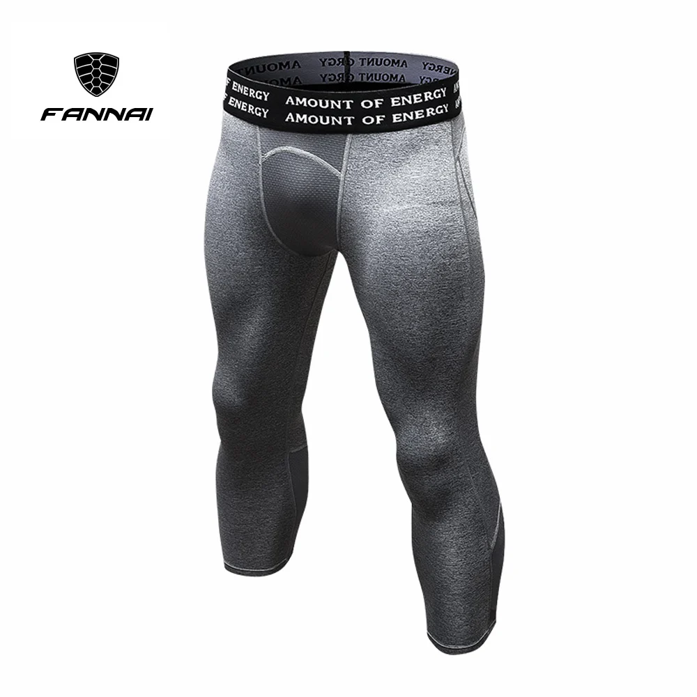 Men 3/4 Casual Pants Gym Leggings Running Sportswear Quick-dry Stretch Compression Tight Pants Push Size Fitness Clothing - Цвет: Gray