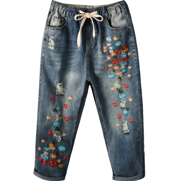 

women jeans Embroidery Mini Flower Elastic Waist With Drawstrings Harem Pants