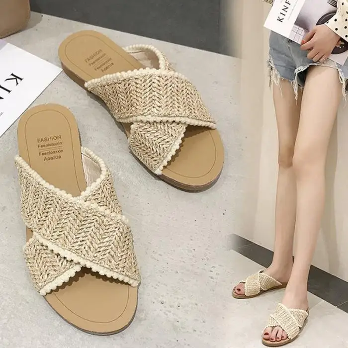 Недавно Для женщин Boho кольцо с перекрестным плетением комнатные туфли на плоской подошве из дышащего материала флип-флоп сандалии для