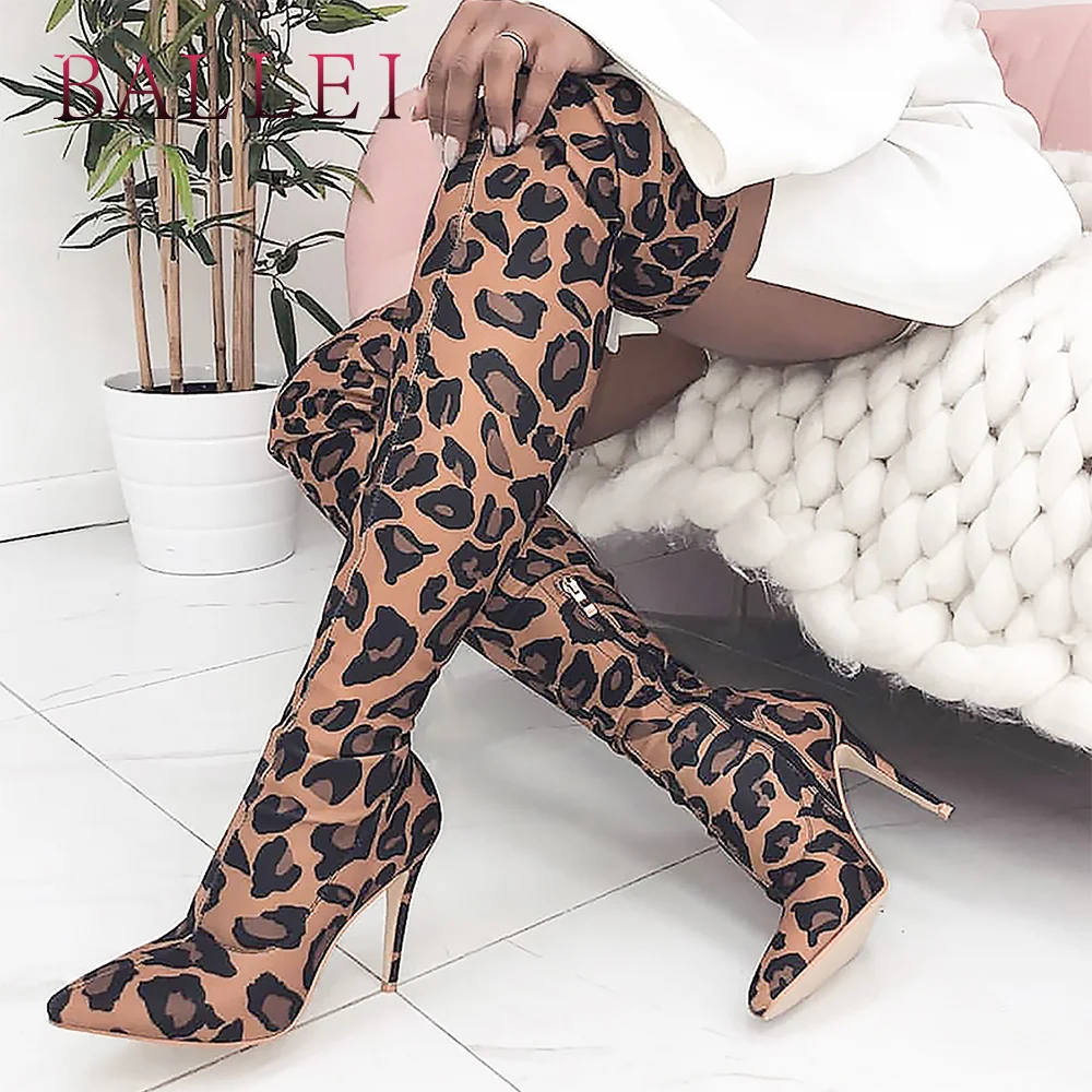 

BALLEI Handmade Woman Winter Over-the-knee Boot Vintage Stretch Fabric Leopard Print Shoes Sexy Pointed Toe Thin Heels Boots H20