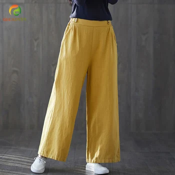 

Chinese Women Solid Buttons Wide Leg Pants Loose Cotton Linen Ankle-Length Trousers 2019 Spring Elastic Waist Pants Female