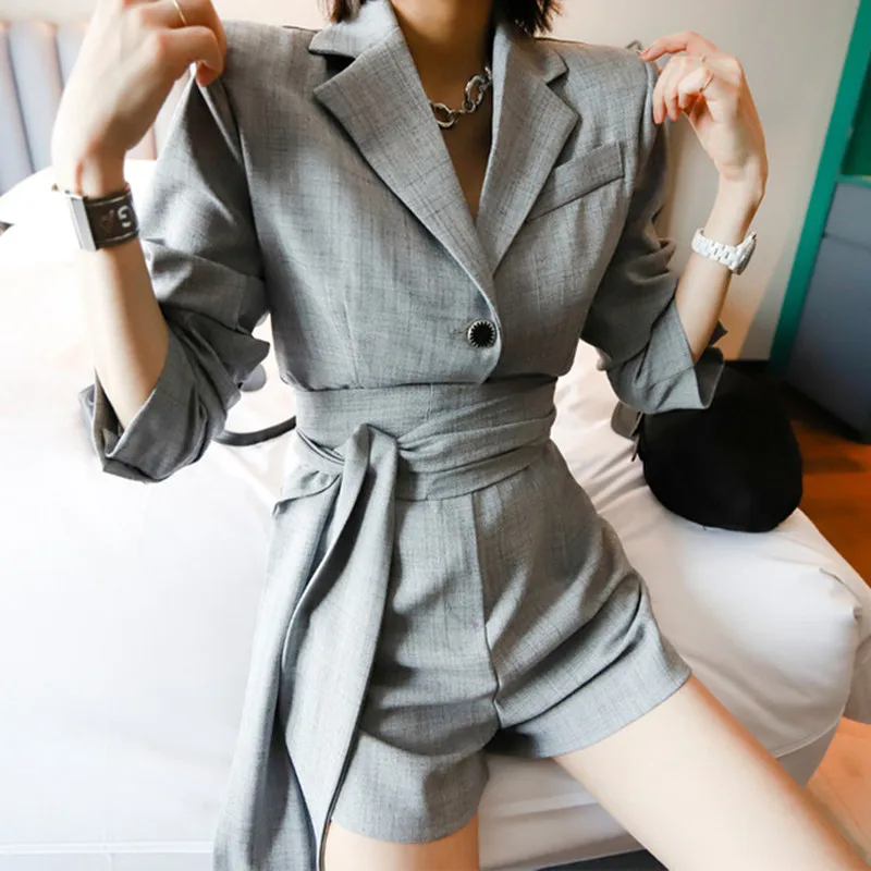 

2019 Notched Neck Short Jumpsuit Romper Women Lace Up Long Sleeve Elegant Female Playsuit with Belt Summer Bodysuit