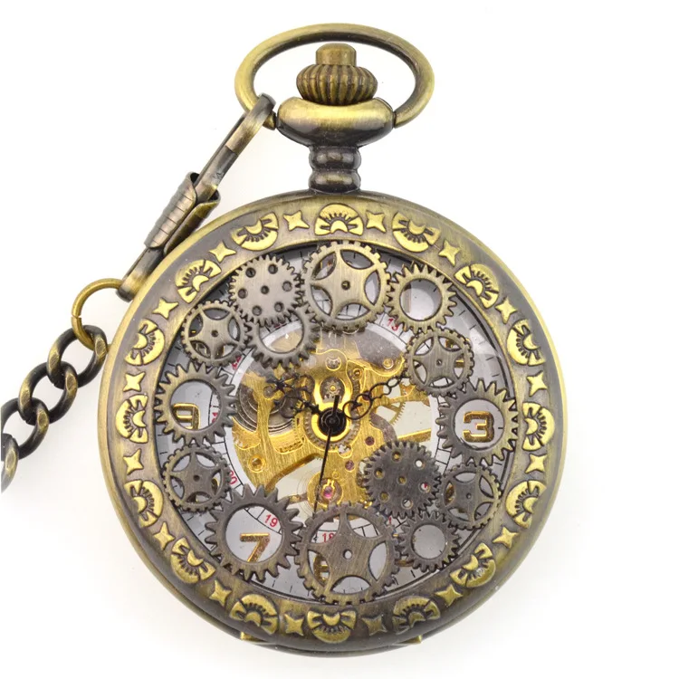 Brown Antique Gear Skeleton Mechanical Hand Wind Pocket Fob Watches Clamshell Men's Watch Pendant Necklace Retro Souvenir Gift | Наручные
