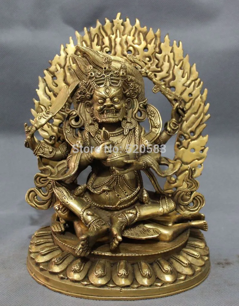 

free 9" Tibet Brass Buddhism Vajra 4 Arms Mahakala Buddha Joss Jambhala Statue Set fast