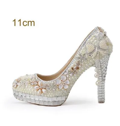 11cm shoe Мода г. Для женщин бисером свадебные туфли вечернее платье невесты; цвет бежевый; жемчуг Обувь на высоком каблуке туфли на платформе женские туфли-лодочки - Цвет: 11cm shoe