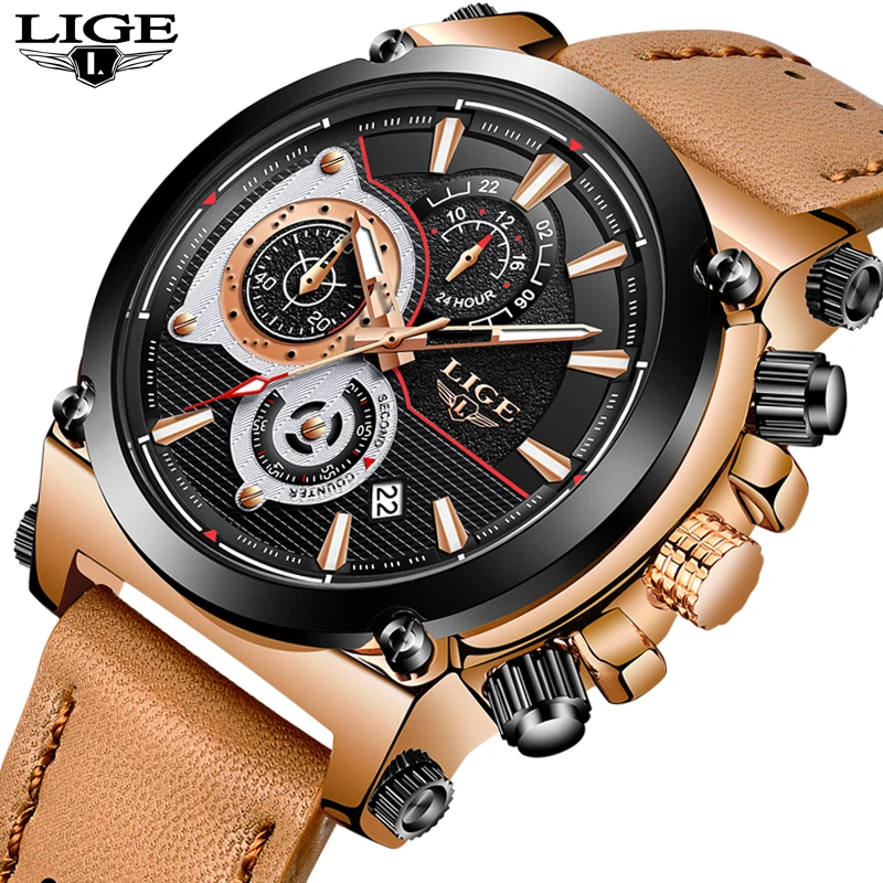  2018 LIGE Mens Watches Top Brand Luxury 24 hour Date Quartz Watch Man Leather Big dial Sport Wrist Watch Men Waterproof Clock