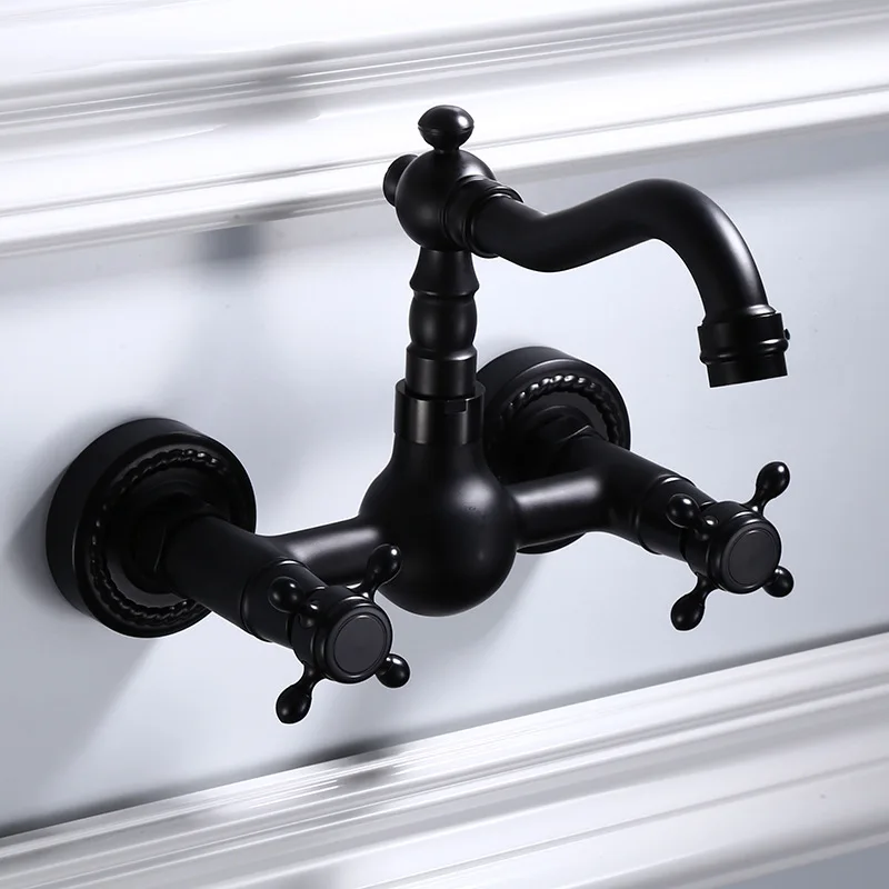  Antique Carved Solid Brass Bathtub Faucet Wall Mounted Double Handle Hot and Cod Mixer Kitchen Blac - 33035839221