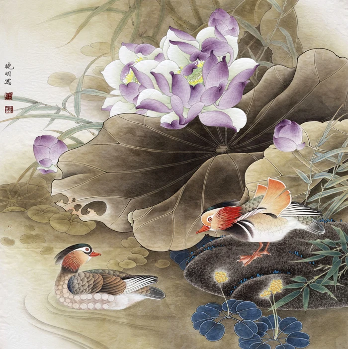 Chinese classical lotus mandarin duck water scenery oil painting canvas