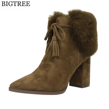 

Women Platform Thick Heel Ankle Boots Woman Round Toe Lace Up Heels Shoes Woman Warm Fur Botas Feminina k449