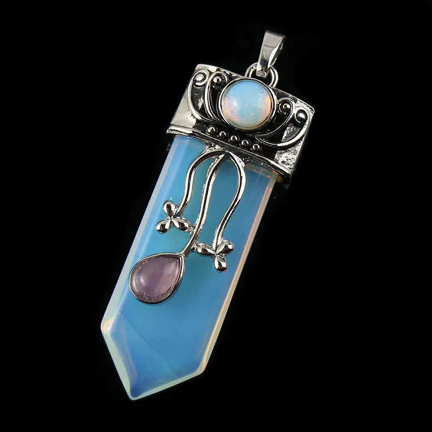 Natural Gnergy Gemstone~ Silver Plated Natural Purple Amethysts Crystal Rose Pink Quartz With Flower Sword Pendant Labradorite Jewelry 24 AA00201027111a