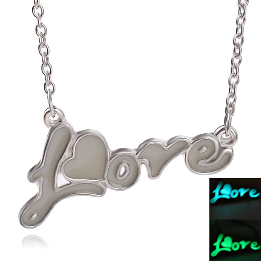 

Glow In The Dark Letters Necklace Love you Gift Silver-color Engraved Letter heart Pendants Statement Choker Pendant Necklace
