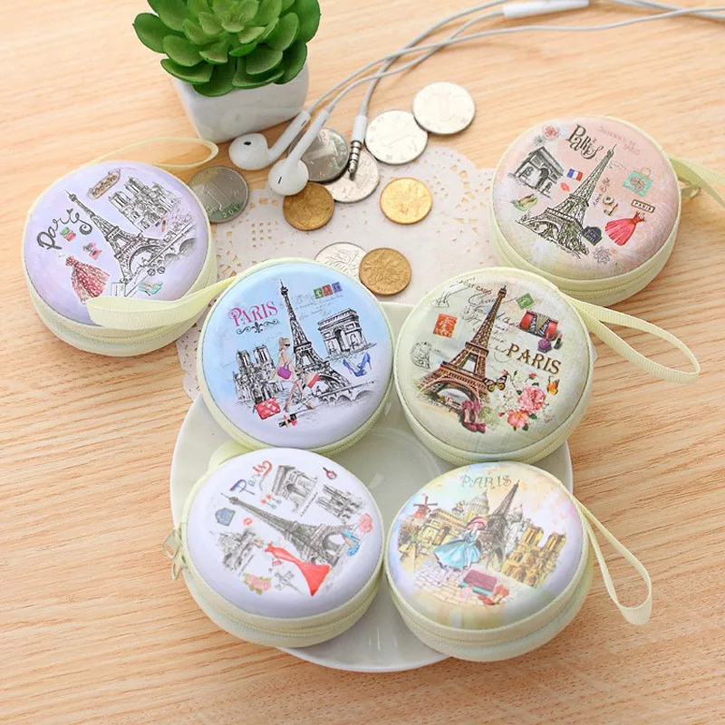 

200pcs/lot New Key Wallet Pouch Bag Women Mini Cute Round Headset Paris Eiffel Zipper Coin Purse