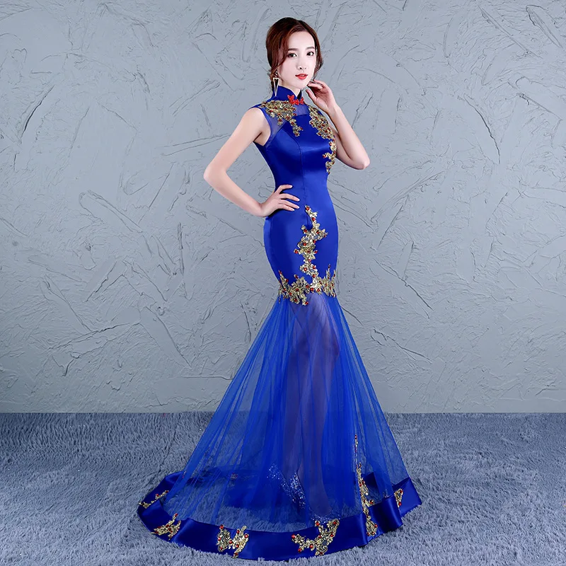 Свадебные пикантные Cheongsam Длинные Вечерние Королевский синий принцесса платье для выпускного вечера винтажный китайский халат женская