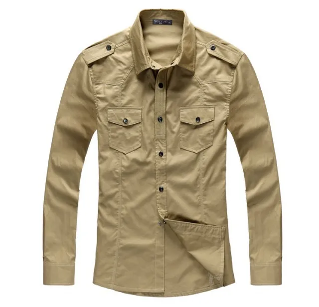 Men Long sleeve two pockets and two shoulder strap khaki shirts QR 2050 ...