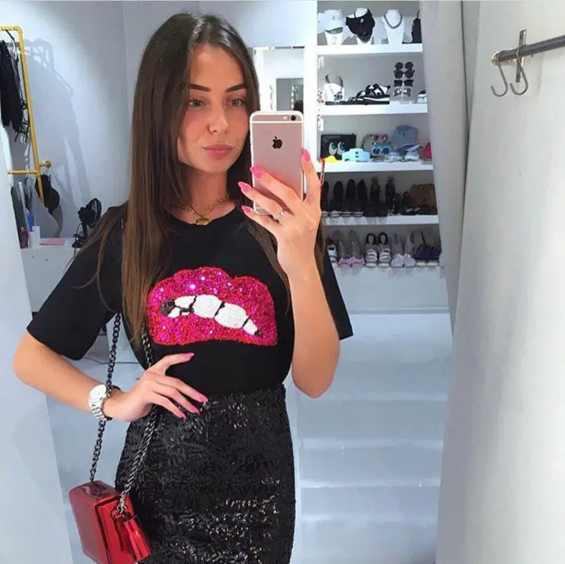 

Harajuku Women T-shirt Summer 2018 Brand New Women Casual Red Lips Sequined Tops TShirt Female Lipstick T shirt Tee