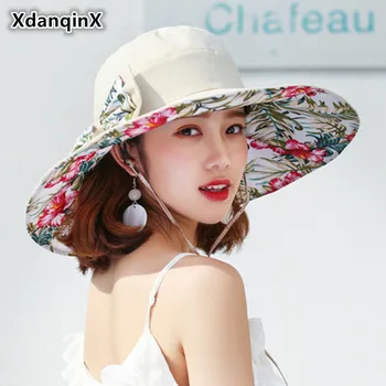 

XdanqinX Adult Women's Summer Super Big Brim Sun Hat Foldable Wind Rope Fixed UV Resistant Fashion Print Beach Hats For Women